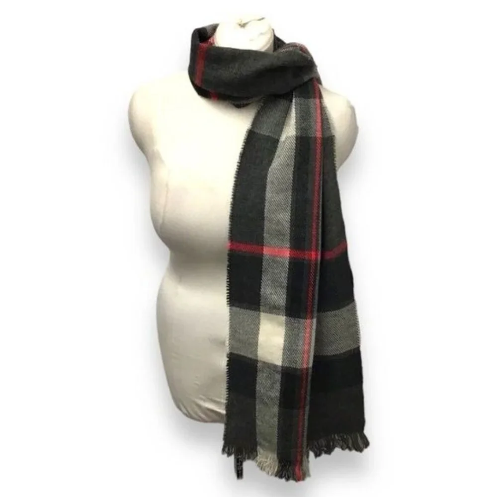 Goodfellow & Co. Mens Raw Edge Plaid Scarf with Fringe, Gray, OSFA